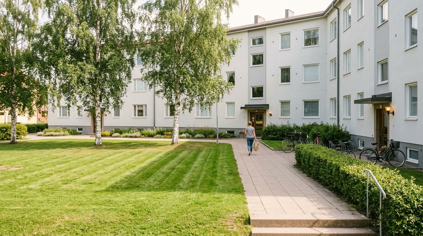 Välskött innergård i Umeå med klippt gräsmatta, björkar och trimmad häck framför ett ljust flerbostadshus en sommardag