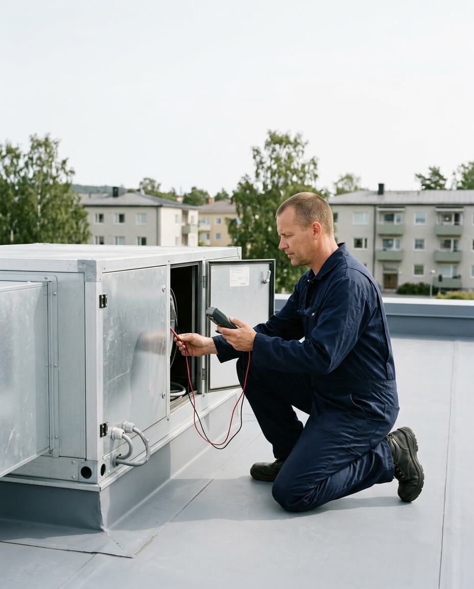 Fastighetstekniker på knä vid ventilationsaggregat på tak, mäter med instrument – bostadsområde i bakgrunden