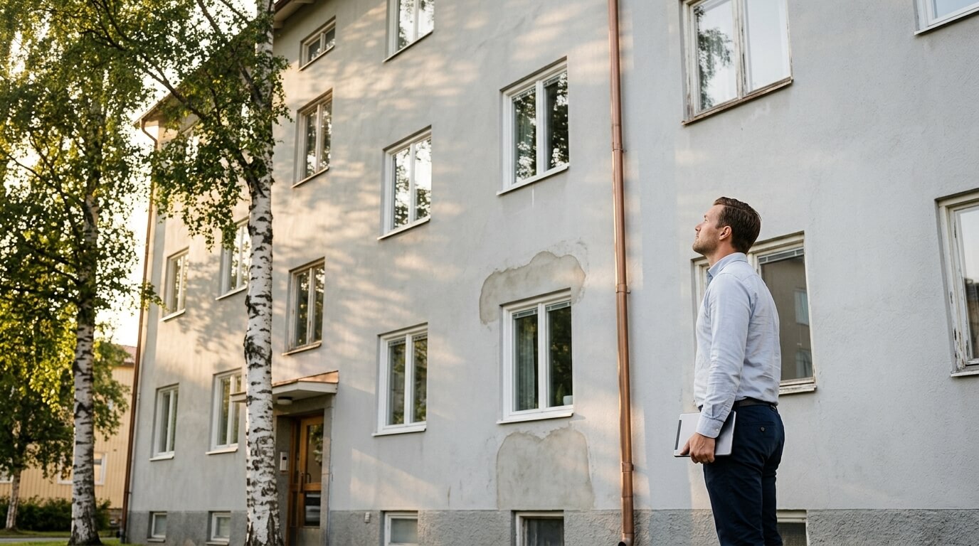 Fastighetsinspektör studerar en äldre putsfasad med surfplatta i handen — utvärdering av underhållsbehov