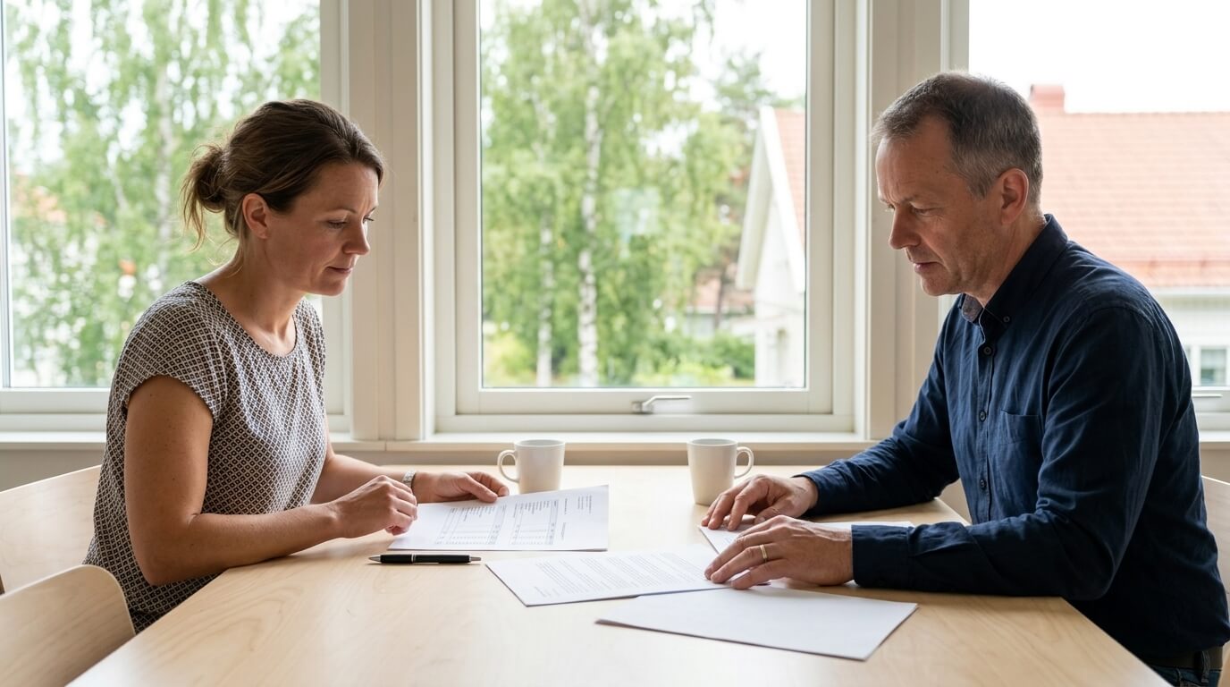 Två styrelseledamöter från en BRF i Umeå granskar förvaltningsofferter vid ett björkbord i dagsljus