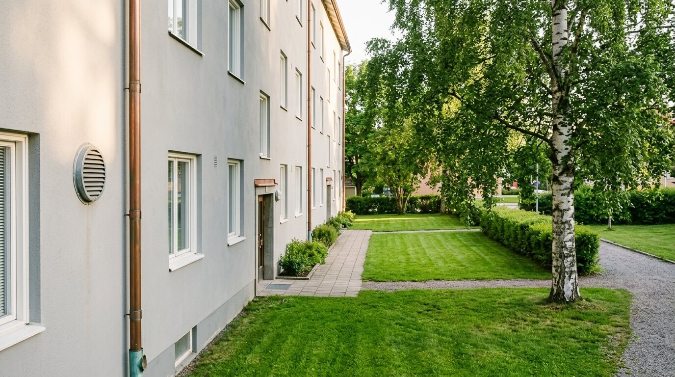Flerbostadshus med kopparrör och ventilationsdon till vänster, grön innergård med klippt gräsmatta till höger — teknisk förvaltning och fastighetsskötsel sida vid sida i Umeå