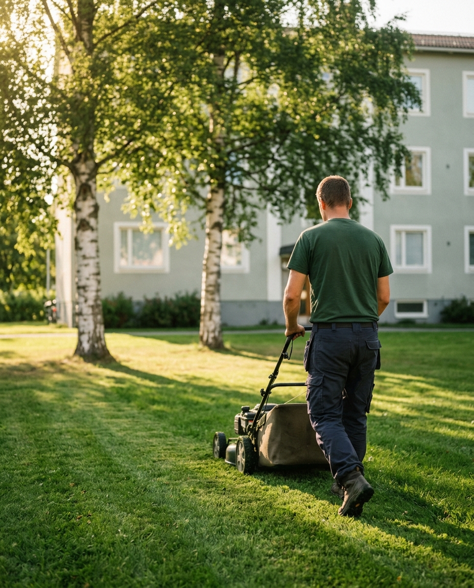 Vidvinkelvy över en somrig innergård i Umeå där en fastighetsskötare klipper gräsmattan bland björkar och flerbostadshus